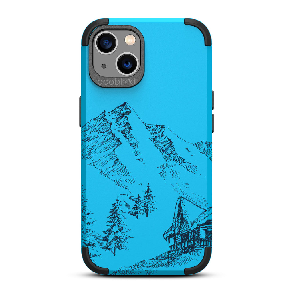 Cabin Retreat - Blue Rugged Eco-Friendly iPhone 13 Case With Hand-Drawn Snowy Mountainside Wood Cabin