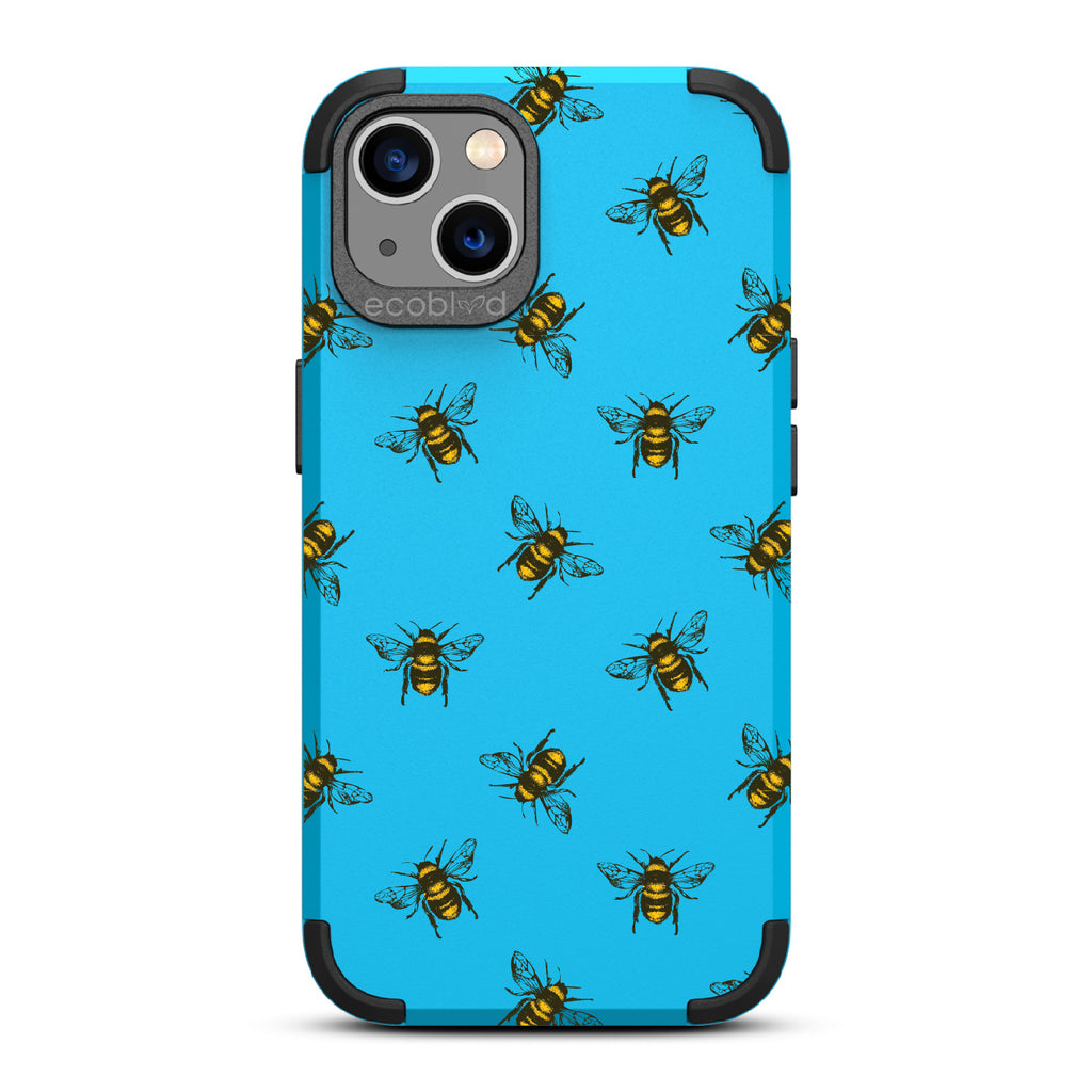 Bees - Blue Rugged Eco-Friendly iPhone 13 Case With A Honey Bees On Back