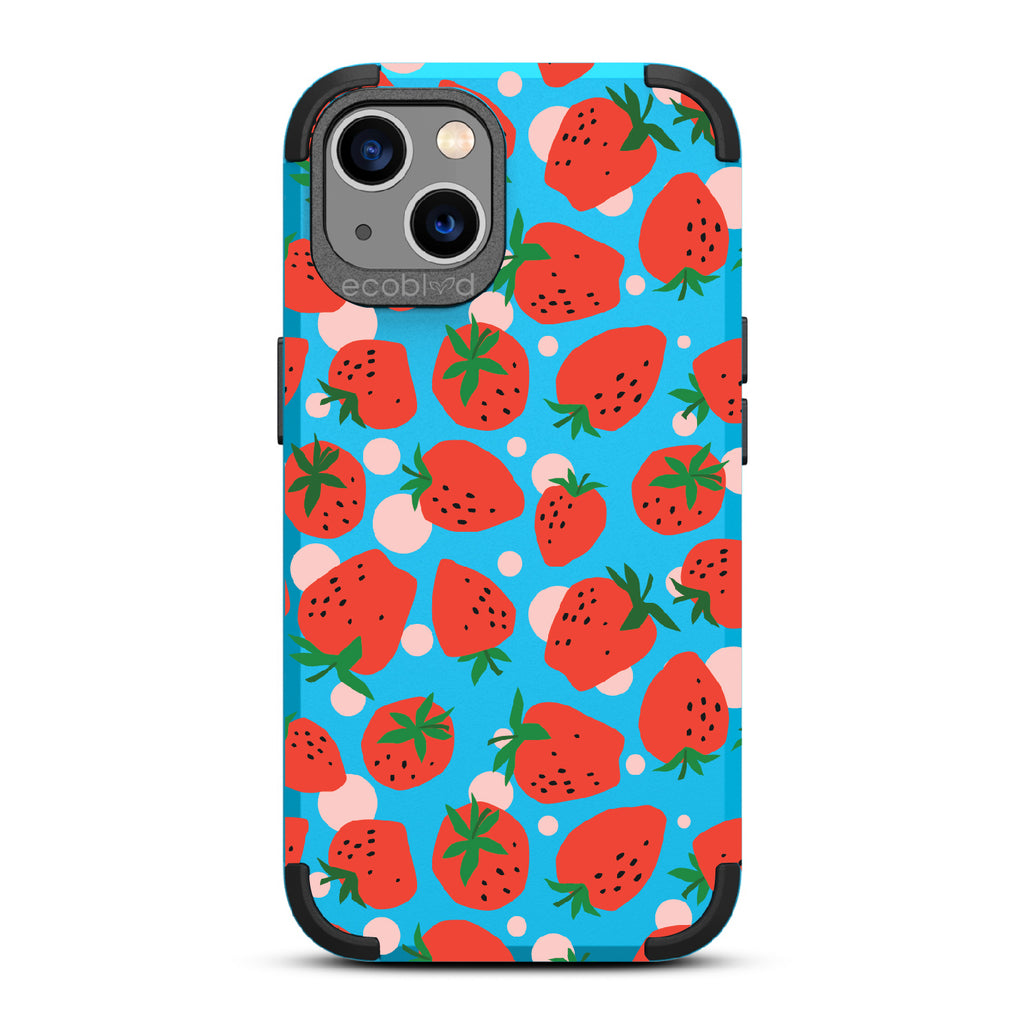 Strawberry Fields - Blue Rugged Eco-Friendly iPhone 13 Case With Strawberries On Back