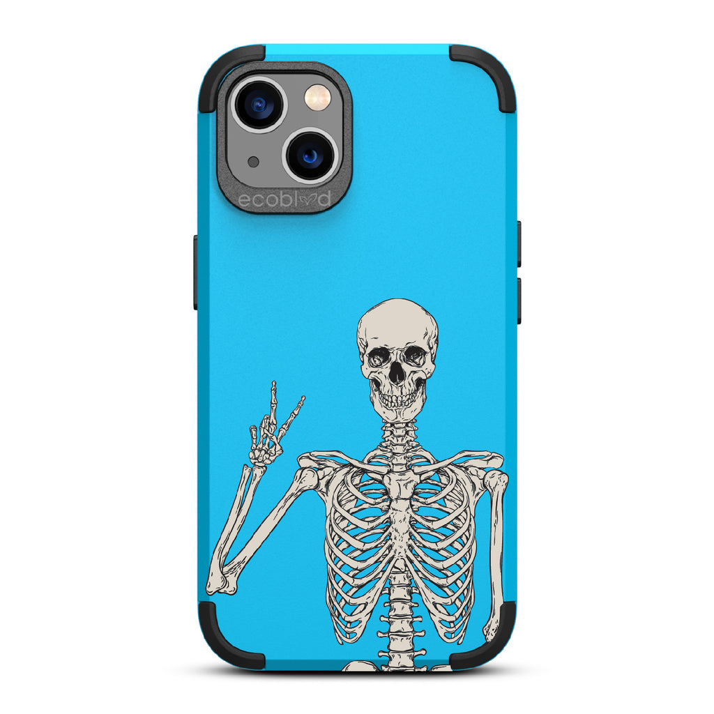Creeping It Real - Blue Rugged Eco-Friendly iPhone 13 Case With Skeleton Giving A Peace Sign On Back