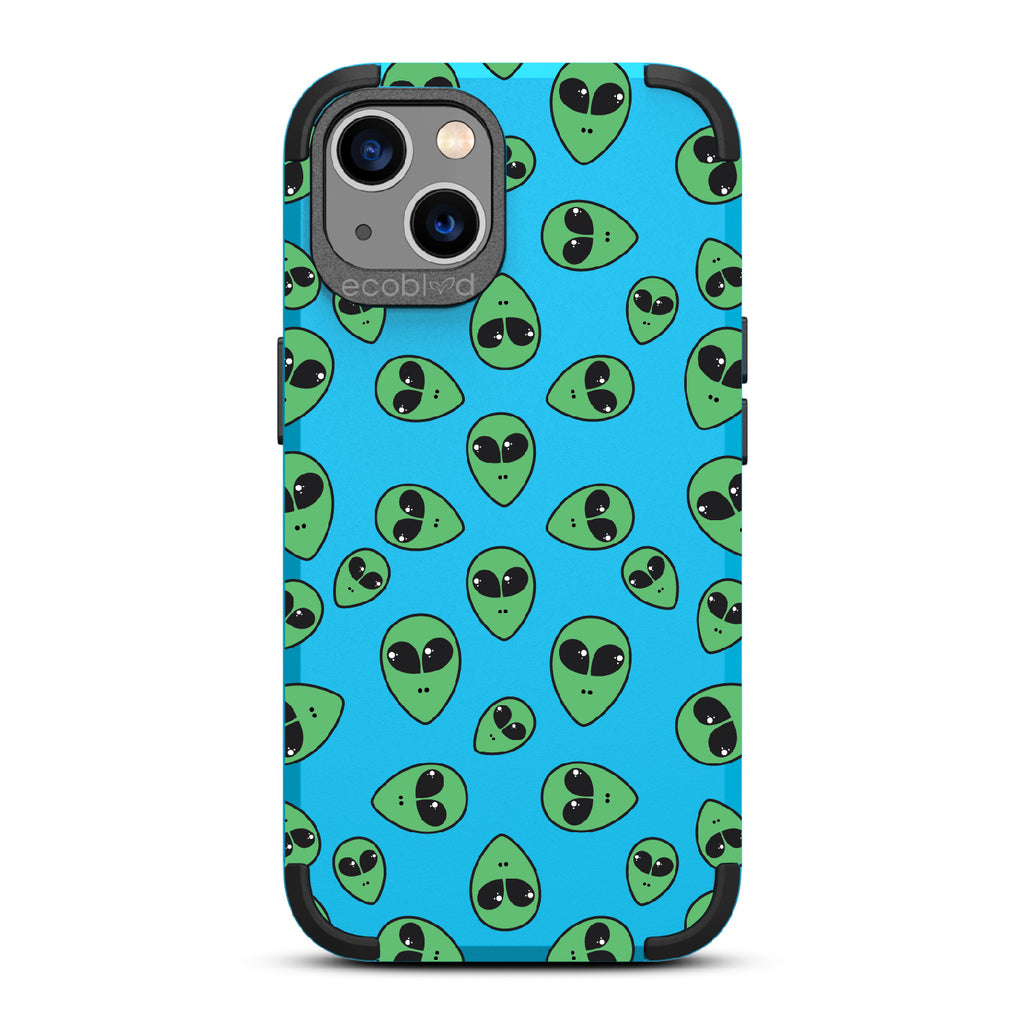 Aliens - Blue Rugged Eco-Friendly iPhone 13 Case With Green Cartoon Alien Heads On Back