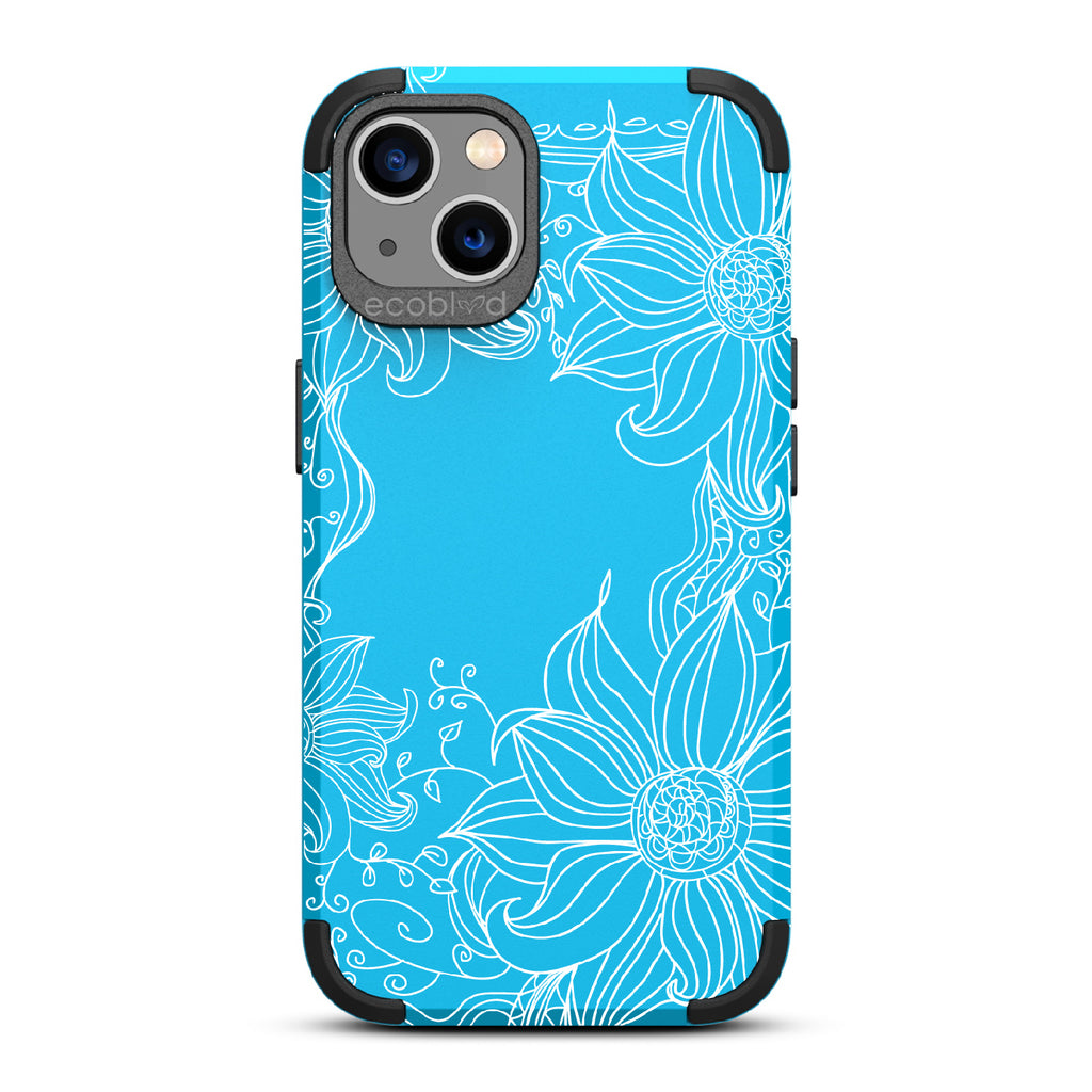 Flower Stencil - Blue Rugged Eco-Friendly iPhone 13 Case With A Sunflower Stencil Line Art Design  On Back