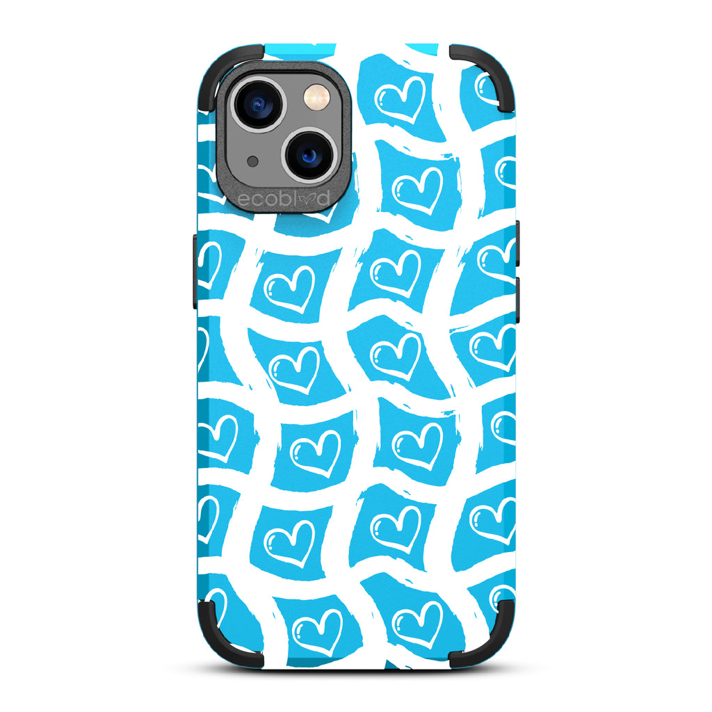 Waves Of Affection - Blue Rugged Eco-Friendly iPhone 13 Case With Wavy Paint Stroke Checker Print With Hearts On Back