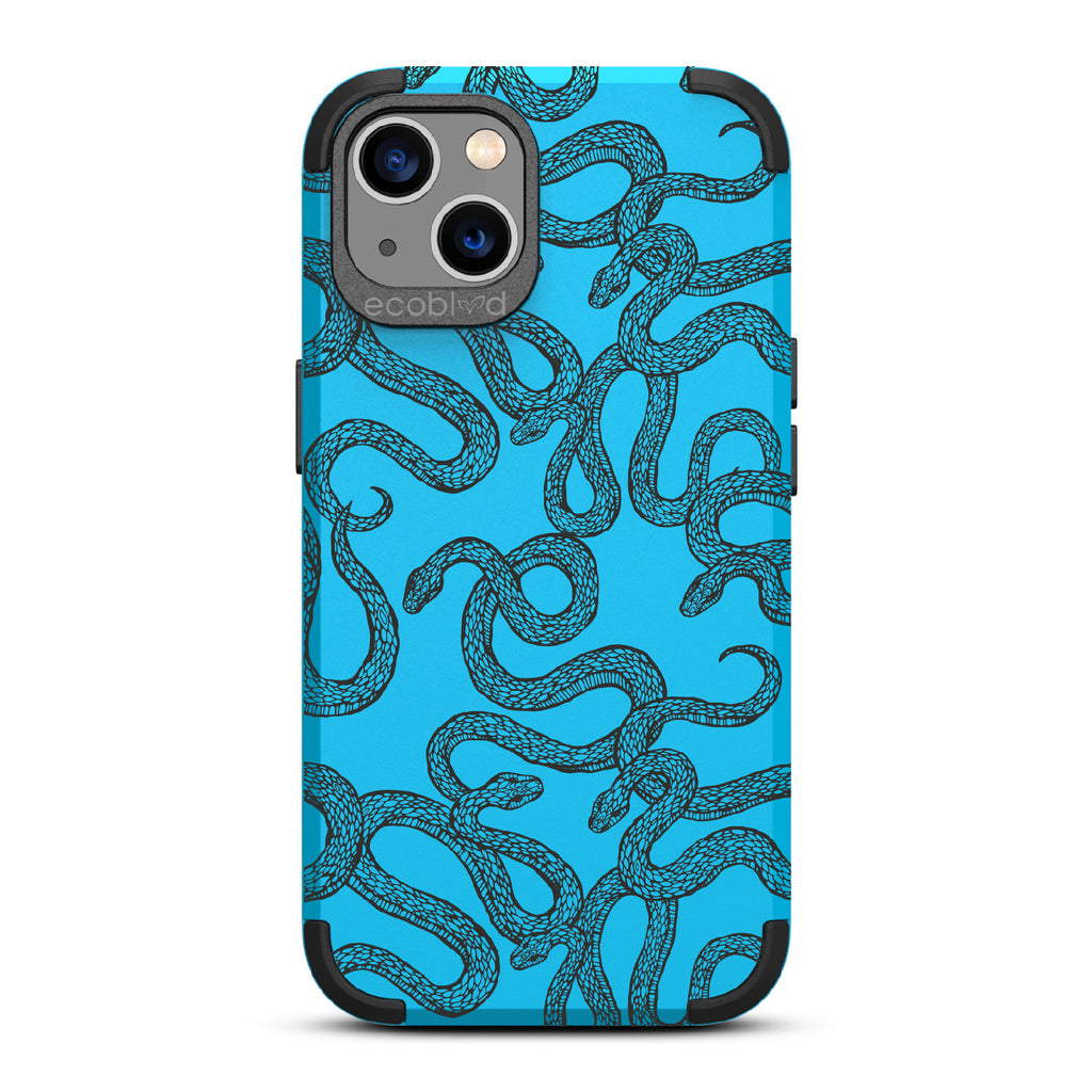 Slithering Serpent - Blue Rugged Eco-Friendly iPhone 13 Case With Diamondback Snakes On Back