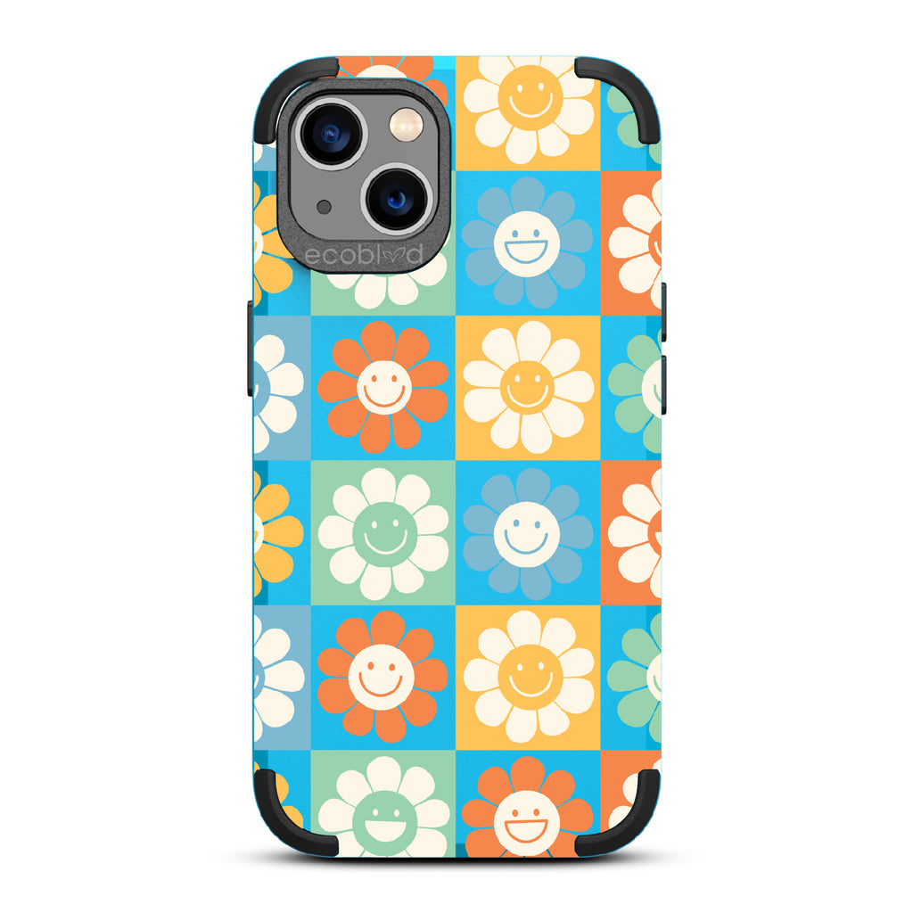 Flower Power - Blue Rugged Eco-Friendly iPhone 13 Case With70's Gingham Cartoon Flowers W/ Smiley Faces On Back