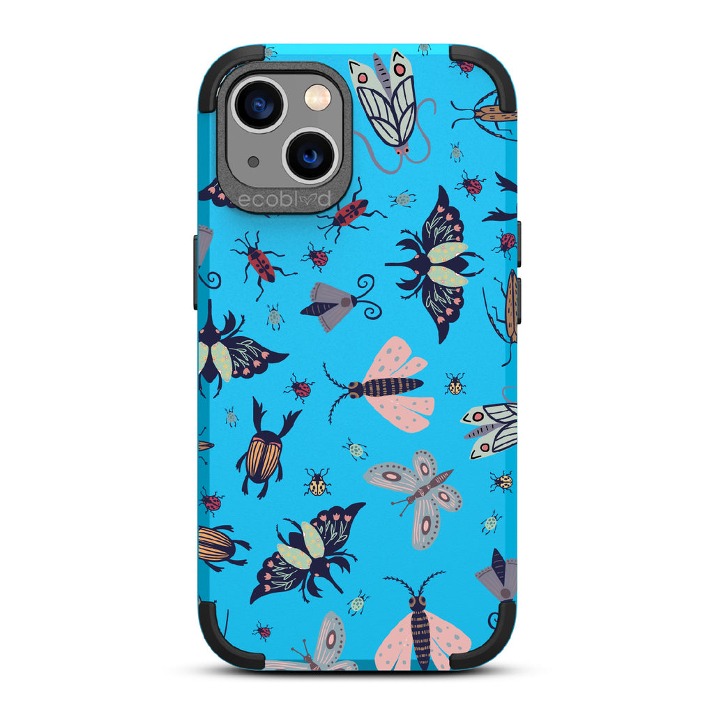 Bug Out - Blue Rugged Eco-Friendly iPhone 13 Case With Butterflies, Moths, Dragonflies, And Beetles On Back