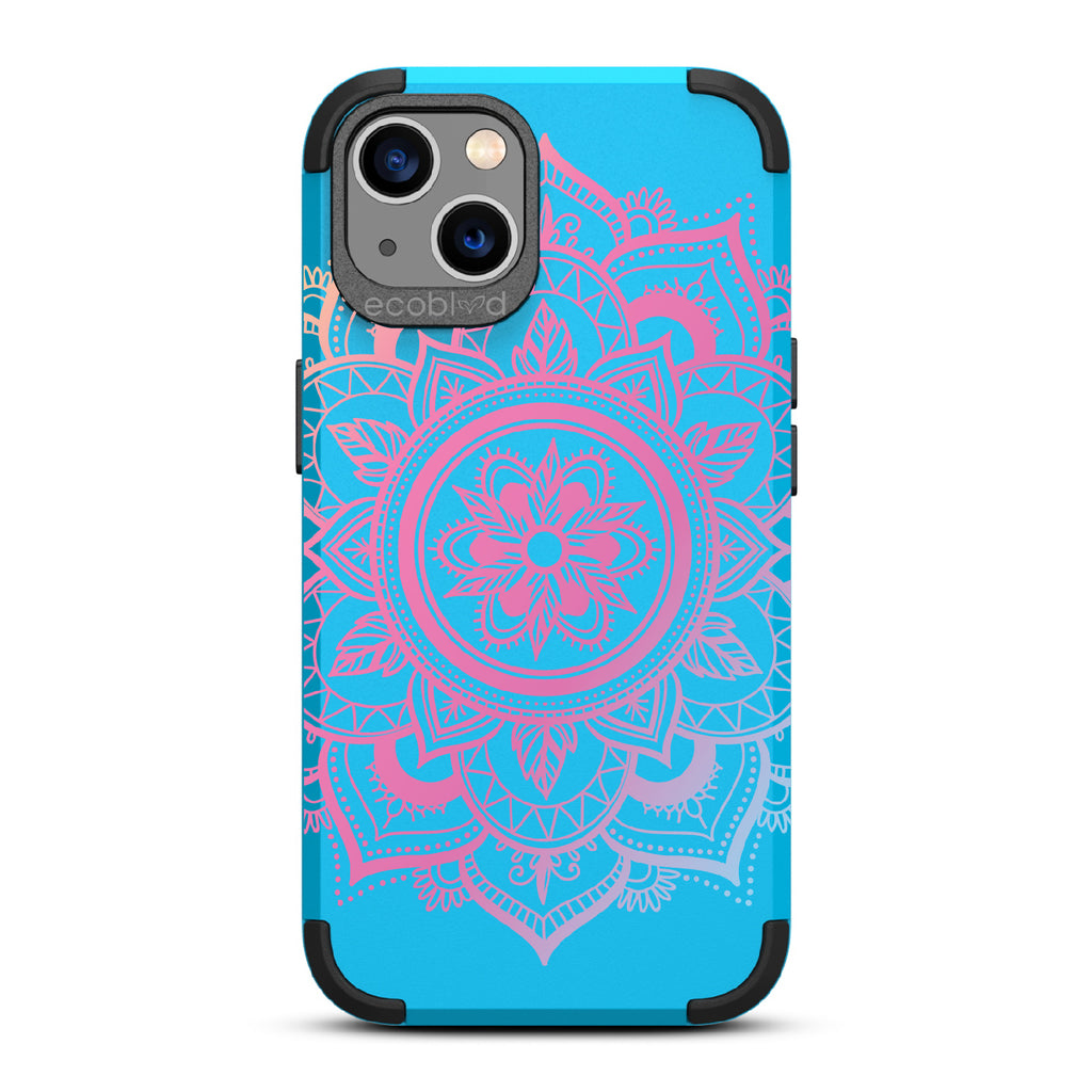Mandala - Blue Rugged Eco-Friendly iPhone 13 Case With A Pink Lotus Flower Mandala On Back