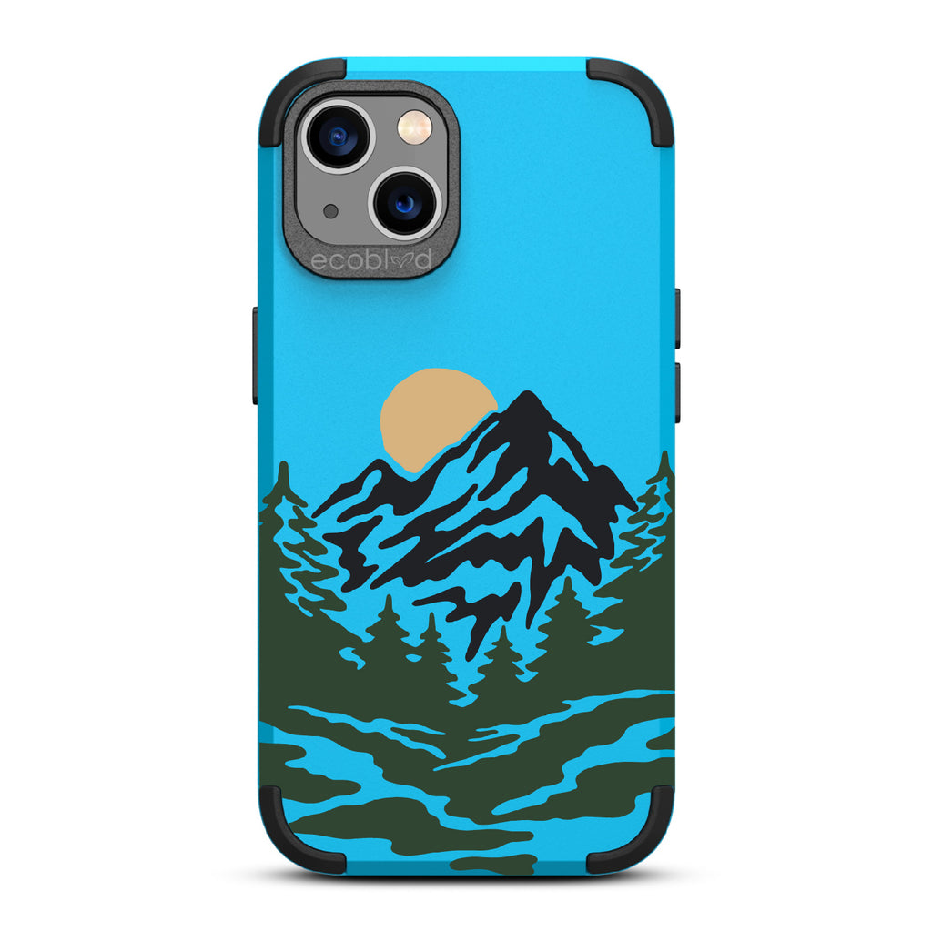 Mountains - Blue Rugged Eco-Friendly iPhone 13 Case With A Minimalist Moonlit Mountain Landscape On Back