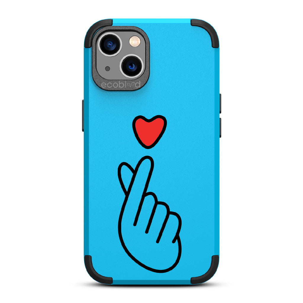 Finger Heart - Blue Rugged Eco-Friendly iPhone 13 Case With Red Heart Above Hand With Index Finger & Thumb Crossed On Back