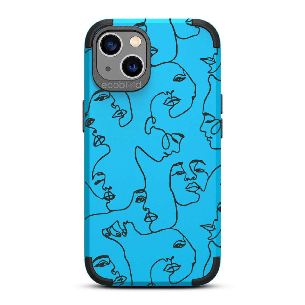 Delicate Touch - Blue Rugged Eco-Friendly iPhone 13 Case With Line Art Of A Woman???? Face On Back