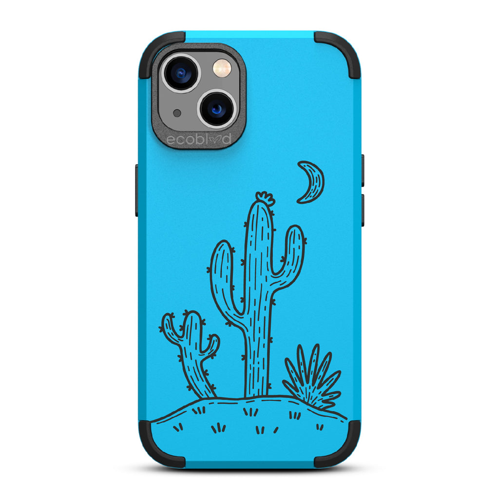 Sagebrush  - Blue Rugged Eco-Friendly iPhone 13 Case With Cartoon Cacti Under A Crescent Moon On Back