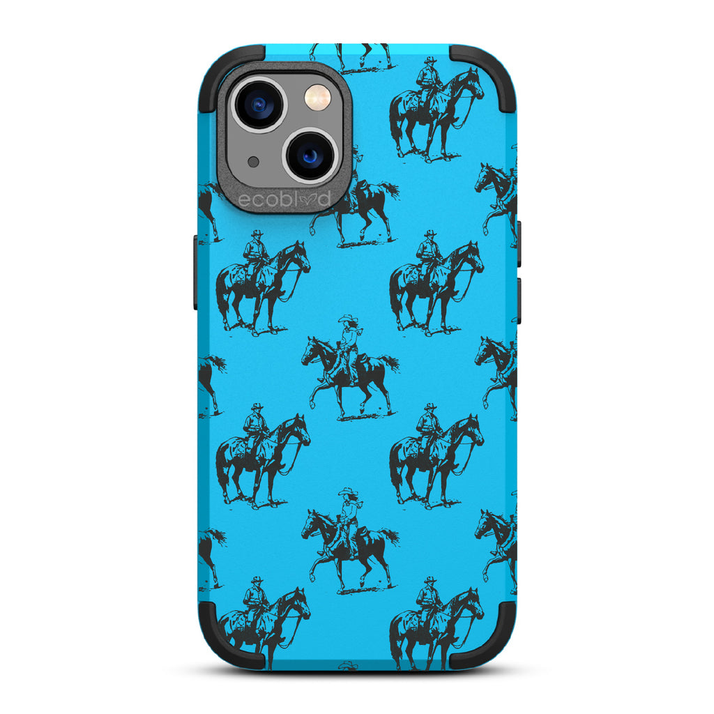 Horsin' Around  - Blue Rugged Eco-Friendly iPhone 13 Case With Cowboys On Horseback On Back