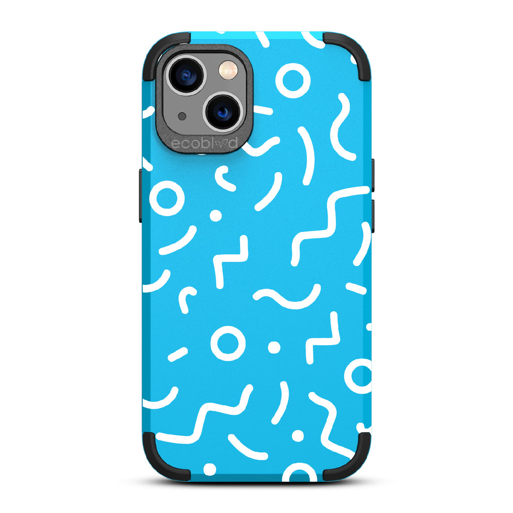 90’s Kids  - Blue Rugged Eco-Friendly iPhone 13 Case With Retro 90’s Lines & Squiggles On Back