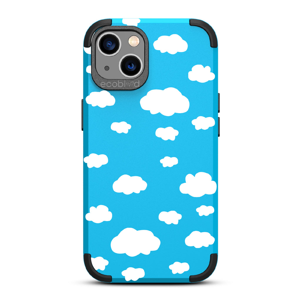 Clouds - Blue Rugged Eco-Friendly iPhone 13 Case With A Fluffy White Cartoon Clouds Print On Back