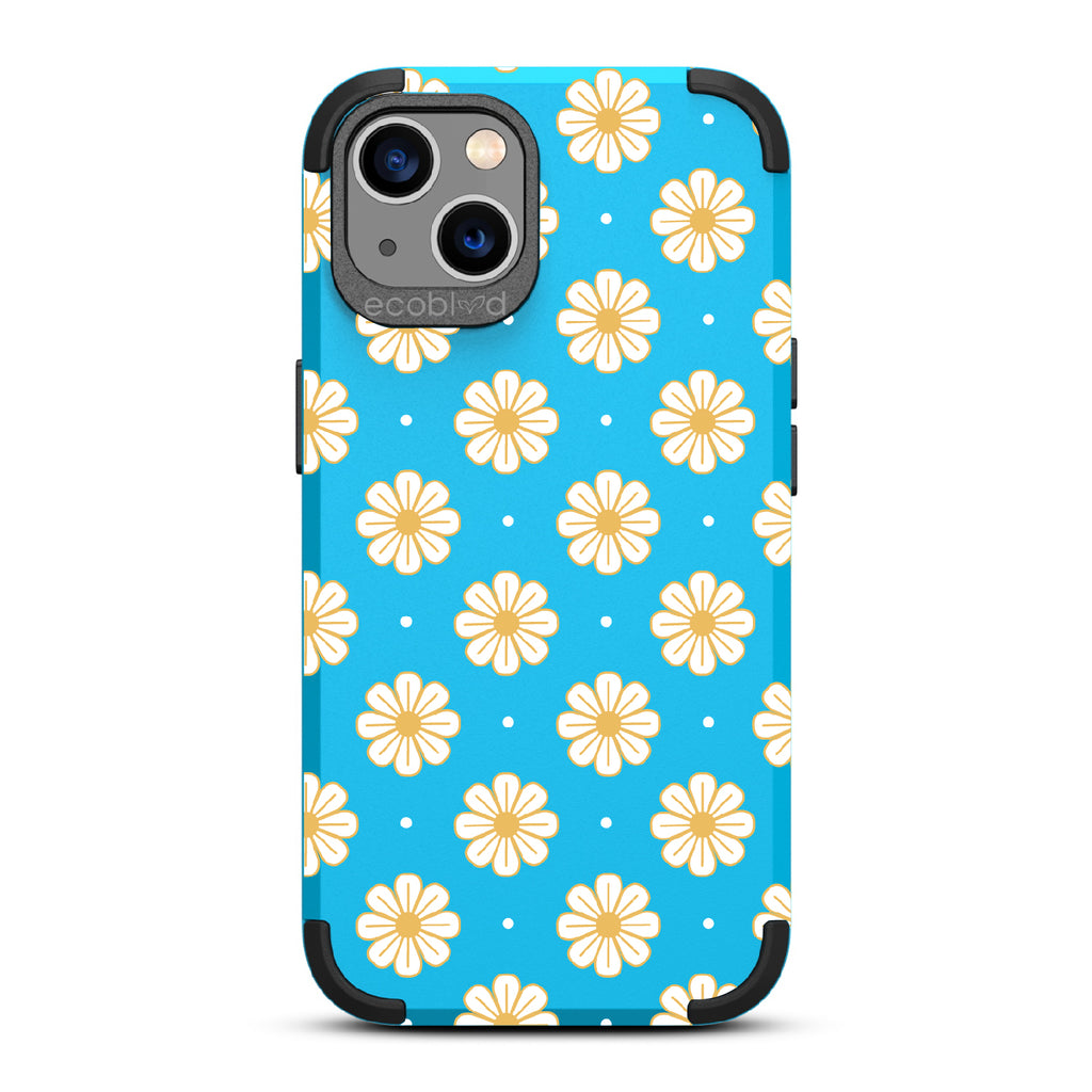 Daisy - Blue Rugged Eco-Friendly iPhone 13 Case With A White Floral Pattern Of Daisies & Dots On Back