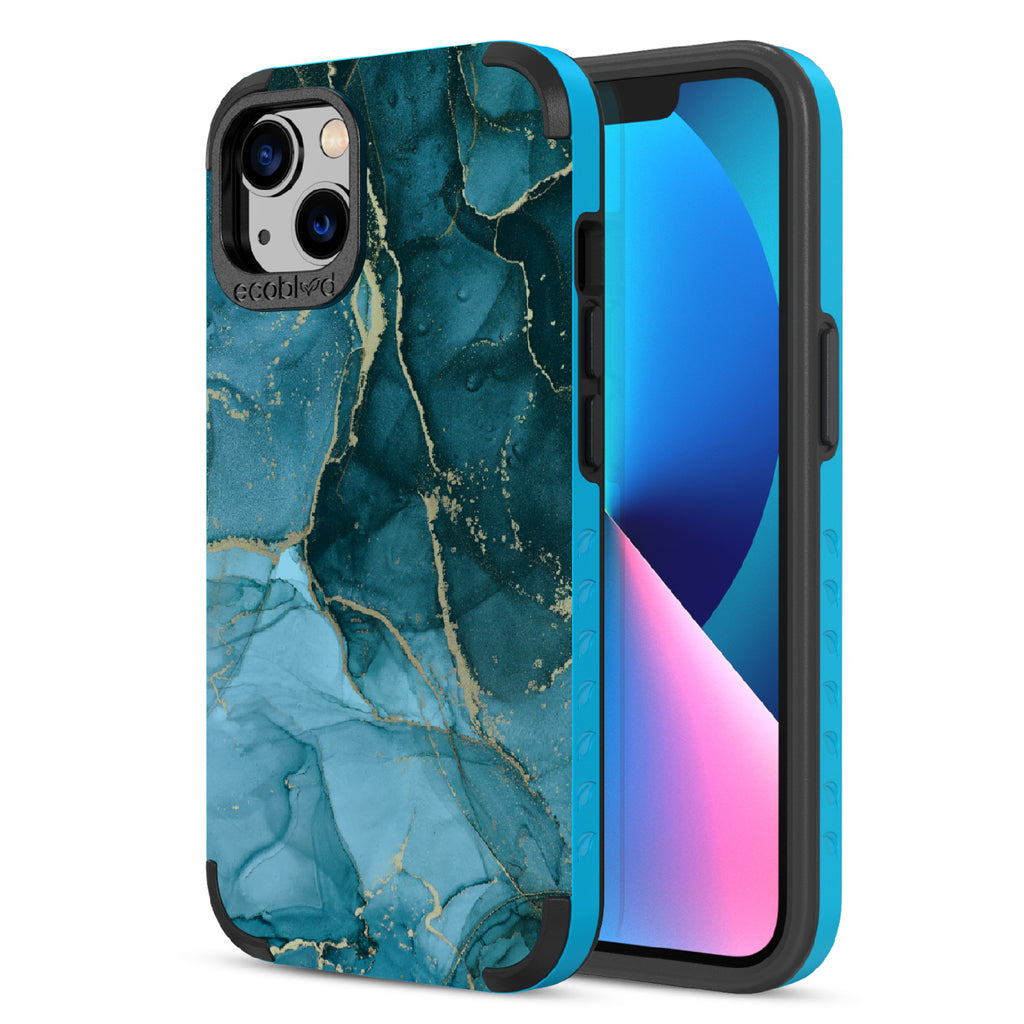 Simply Marbleous - Back View Of Blue & Eco-Friendly Rugged iPhone 13 Case & A Front View Of The Screen