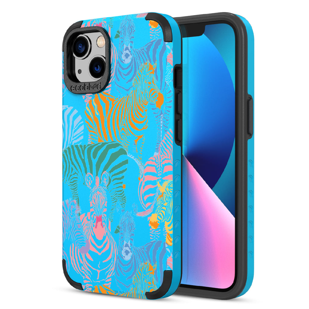 Colorful Herd - Back Of Blue & Eco-Friendly Rugged iPhone 13 Case & A Front View Of The Screen