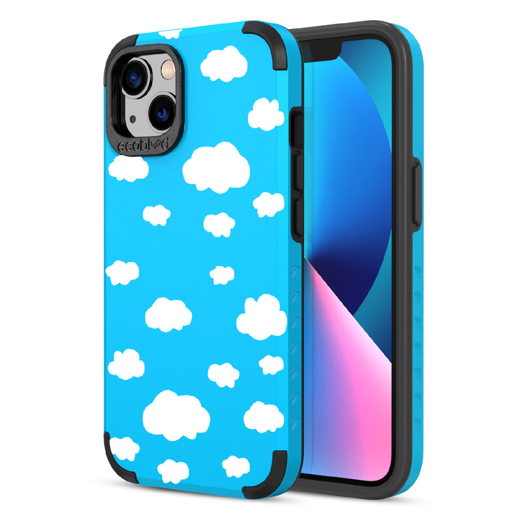 Clouds - Back View Of Blue & Eco-Friendly Rugged iPhone 13 Case & A Front View Of The Screen