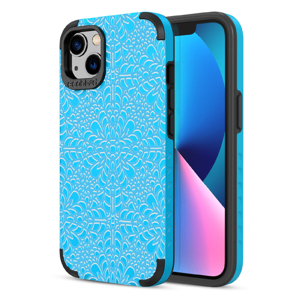 A Lil' Dainty - Back View Of Eco-Friendly Blue iPhone 13 Rugged Case & Front View Of Screen