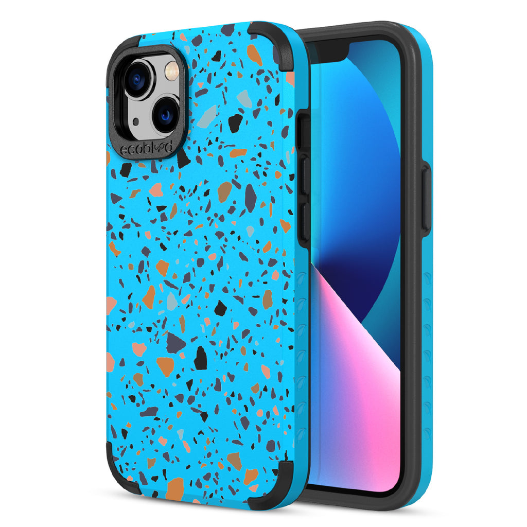 Terrazzo - Back Of Blue & Eco-Friendly Rugged iPhone 13 Case & A Front View Of The Screen