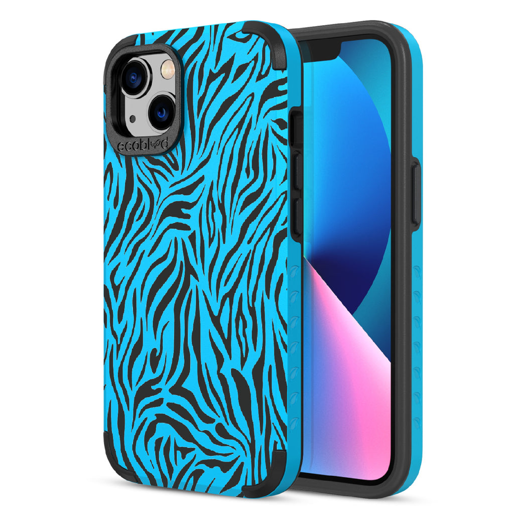 Zebra Print - Back View Of Blue & Eco-Friendly Rugged iPhone 13 Case & A Front View Of The Screen