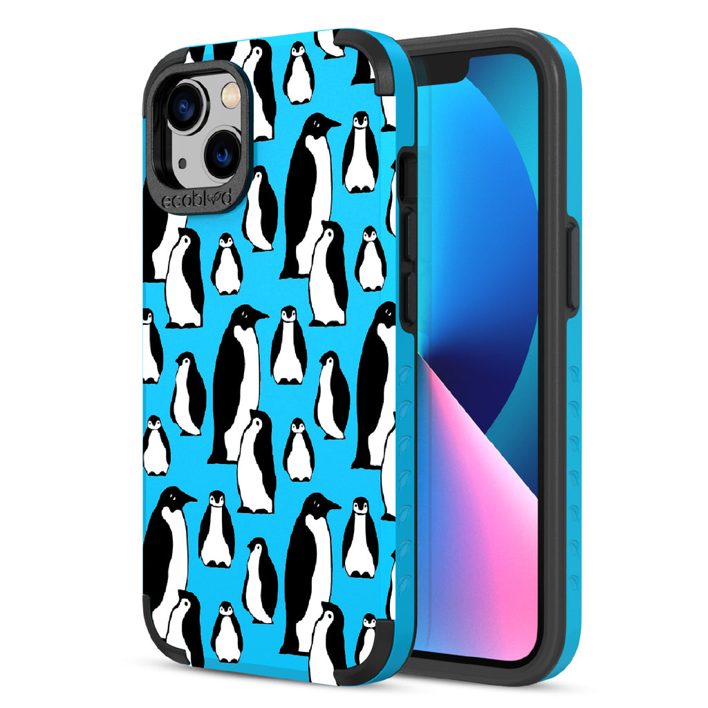 Penguins - Back Of Blue & Eco-Friendly Rugged iPhone 13 Case & A Front View Of The Screen