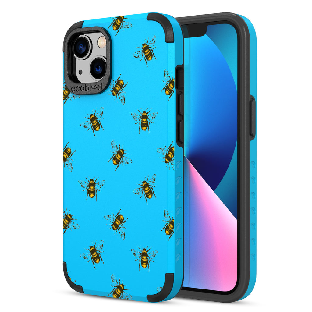 Bees - Back View Of Blue & Eco-Friendly Rugged iPhone 13 Case & A Front View Of The Screen