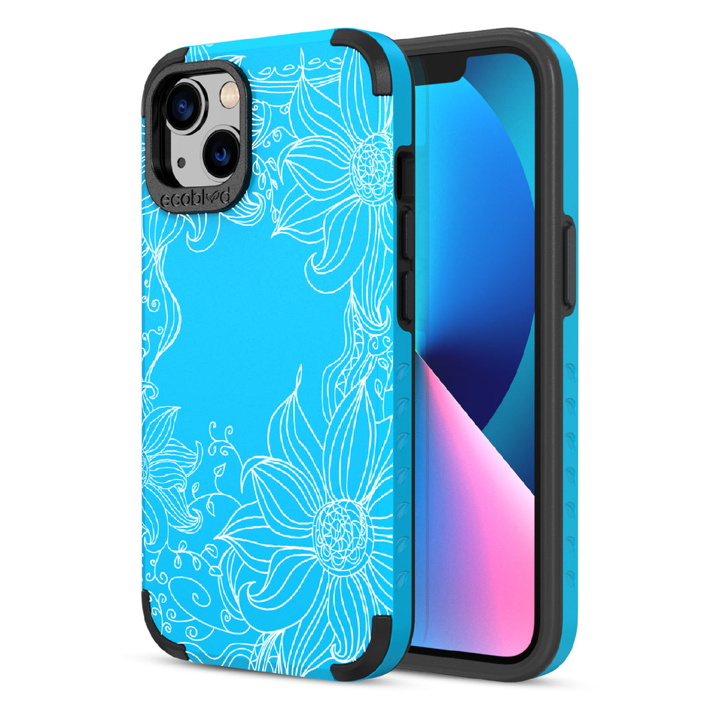 Flower Stencil - Back View Of Blue & Eco-Friendly Rugged iPhone 13 Case & A Front View Of The Screen