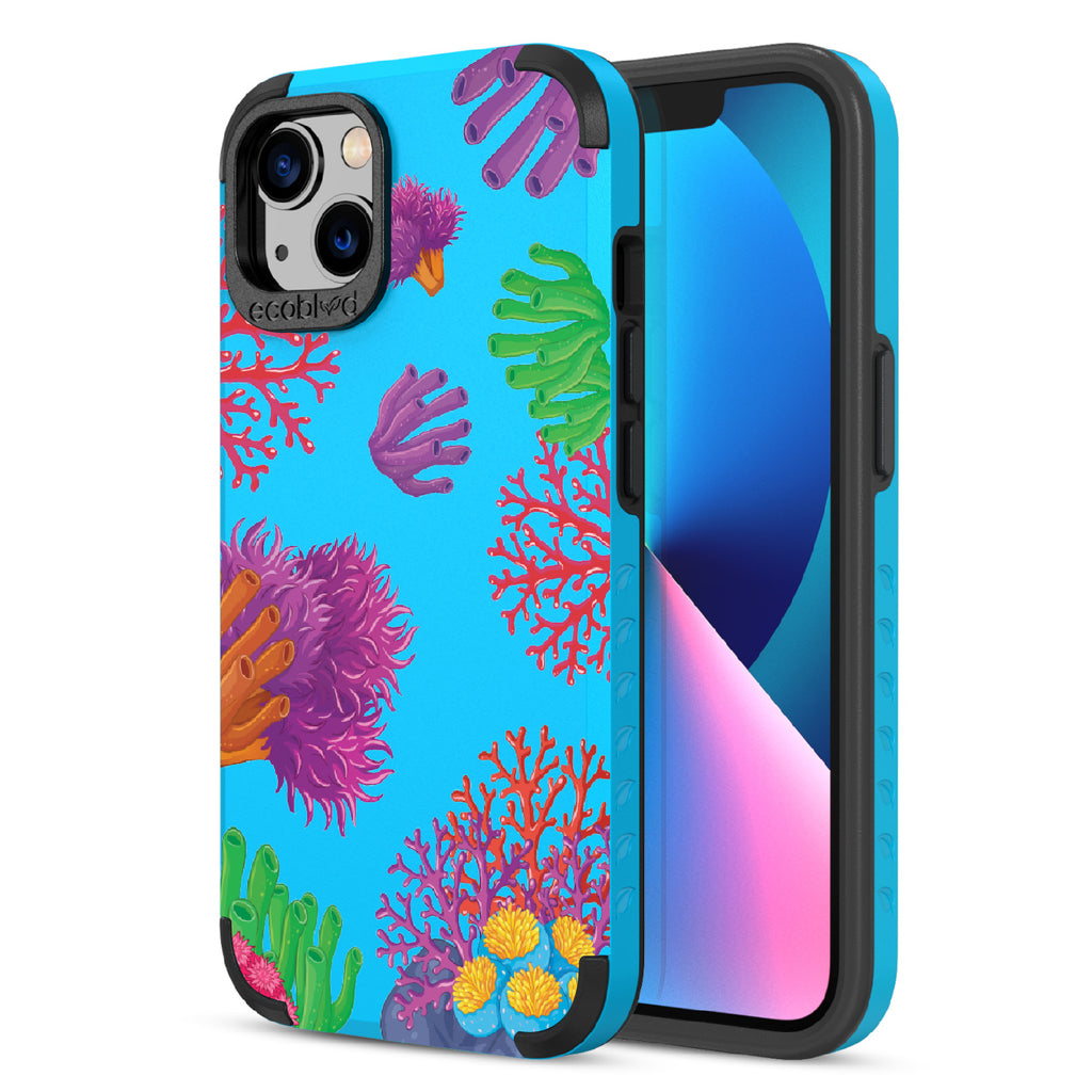Coral Reef - Back View Of Blue & Eco-Friendly Rugged iPhone 13 Case & A Front View Of The Screen