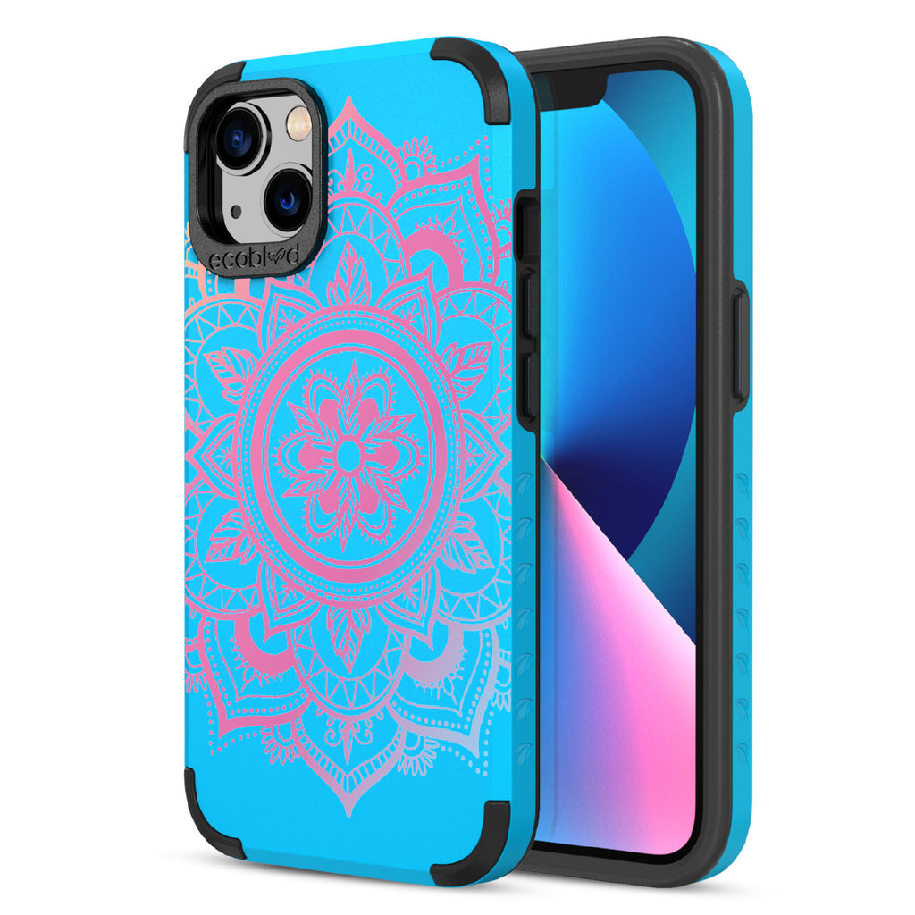 Mandala - Back View Of Blue & Eco-Friendly Rugged iPhone 13 Case & A Front View Of The Screen
