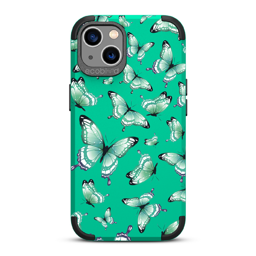 Social Butterfly - Green Rugged Eco-Friendly iPhone 13 Case With Colorful Butterflies On Back