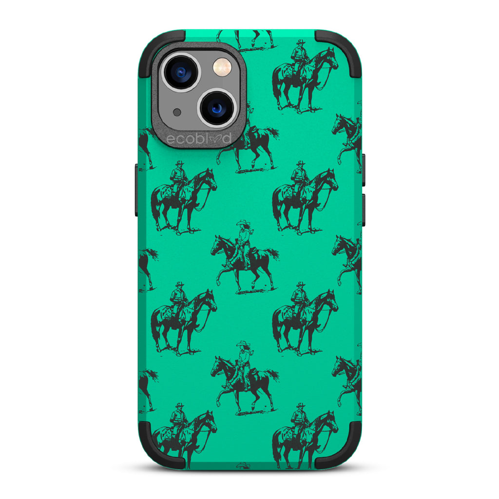 Horsin' Around  - Green Rugged Eco-Friendly iPhone 13 Case With Cowboys On Horseback On Back