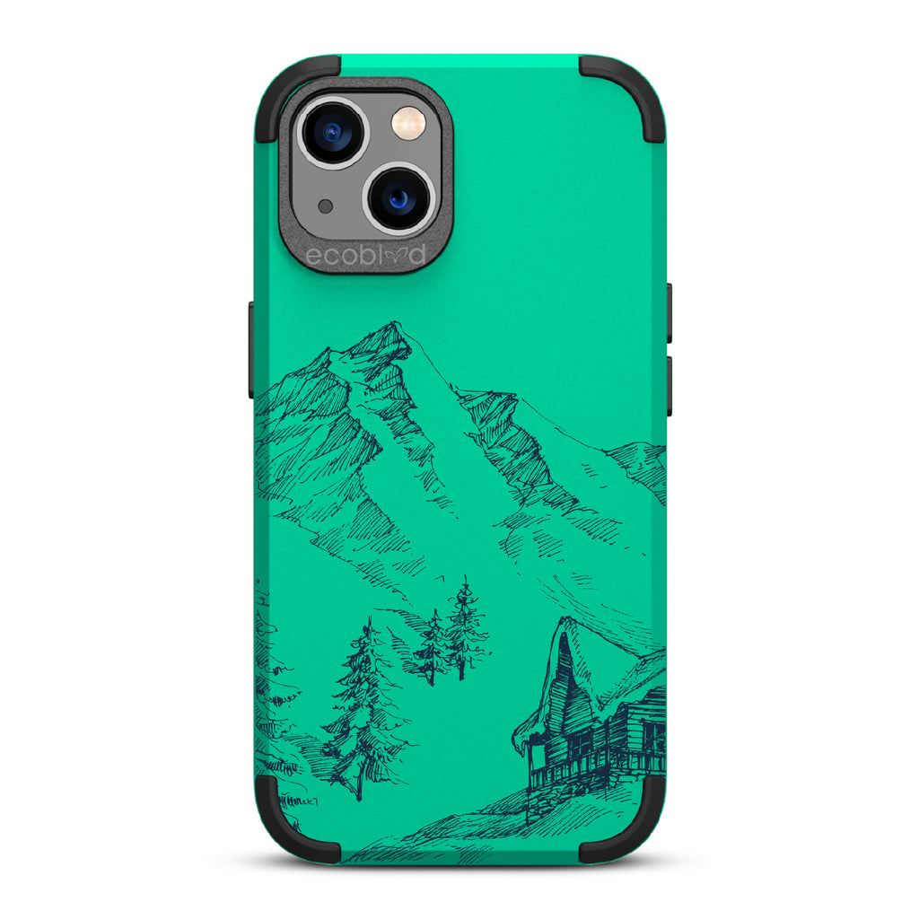 Cabin Retreat - Green Rugged Eco-Friendly iPhone 13 Case With Hand-Drawn Snowy Mountainside Wood Cabin