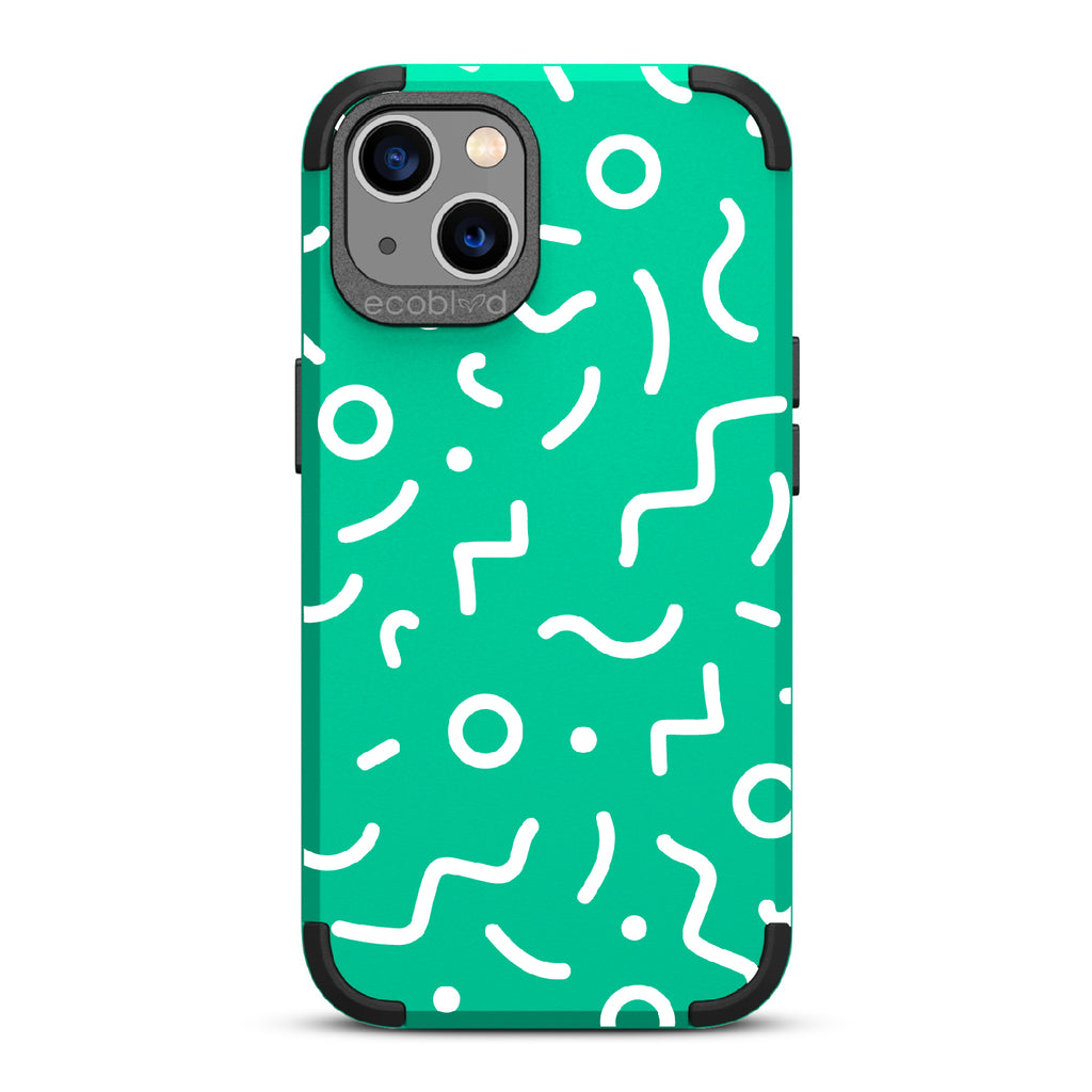 90's Kids  - Green Rugged Eco-Friendly iPhone 13 Case With Retro 90's Lines & Squiggles On Back
