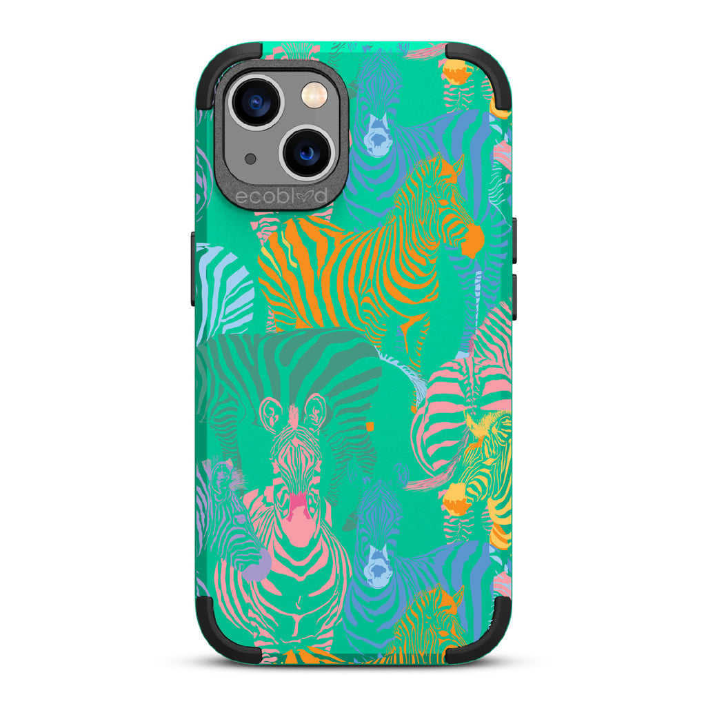 Colorful Herd - Green Rugged Eco-Friendly iPhone 13 Case With Zebras in Multiple Colors