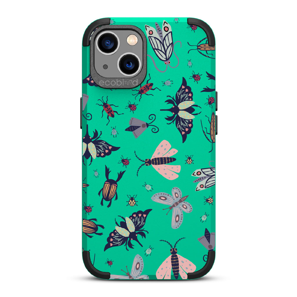 Bug Out - Green Rugged Eco-Friendly iPhone 13 Case With Butterflies, Moths, Dragonflies, And Beetles On Back