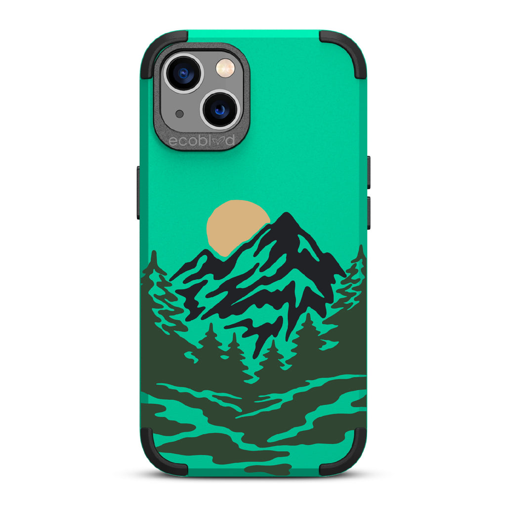 Mountains - Green Rugged Eco-Friendly iPhone 13 Case With A Minimalist Moonlit Mountain Landscape On Back