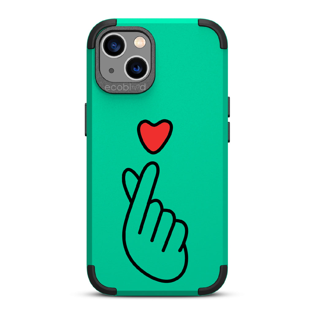 Finger Heart - Green Rugged Eco-Friendly iPhone 13 Case With Red Heart Above Hand With Index Finger & Thumb Crossed On Back