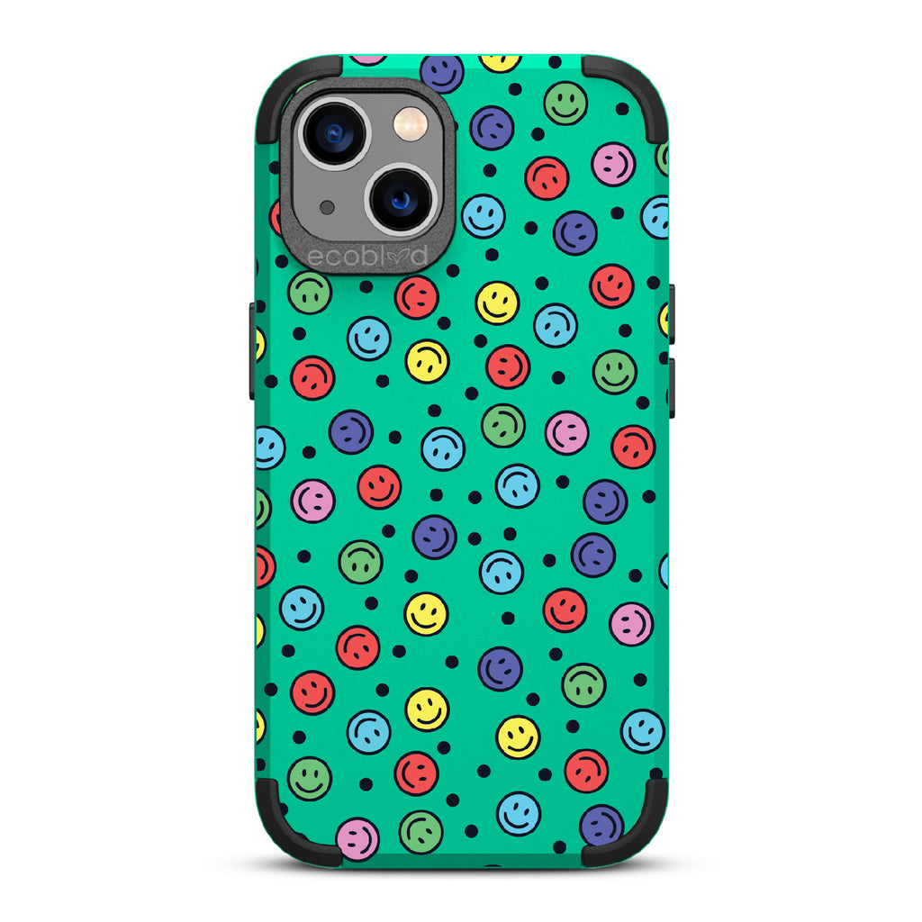 All Smiles - Green Rugged Eco-Friendly iPhone 13 Case With Multicolored Smiley Faces & Black Dots On Back