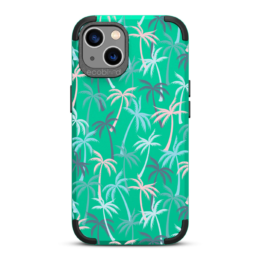 Cruel Summer - Green Rugged Eco-Friendly iPhone 13 Case With Hotline Miami Colored Tropical Palm Trees On Back 
