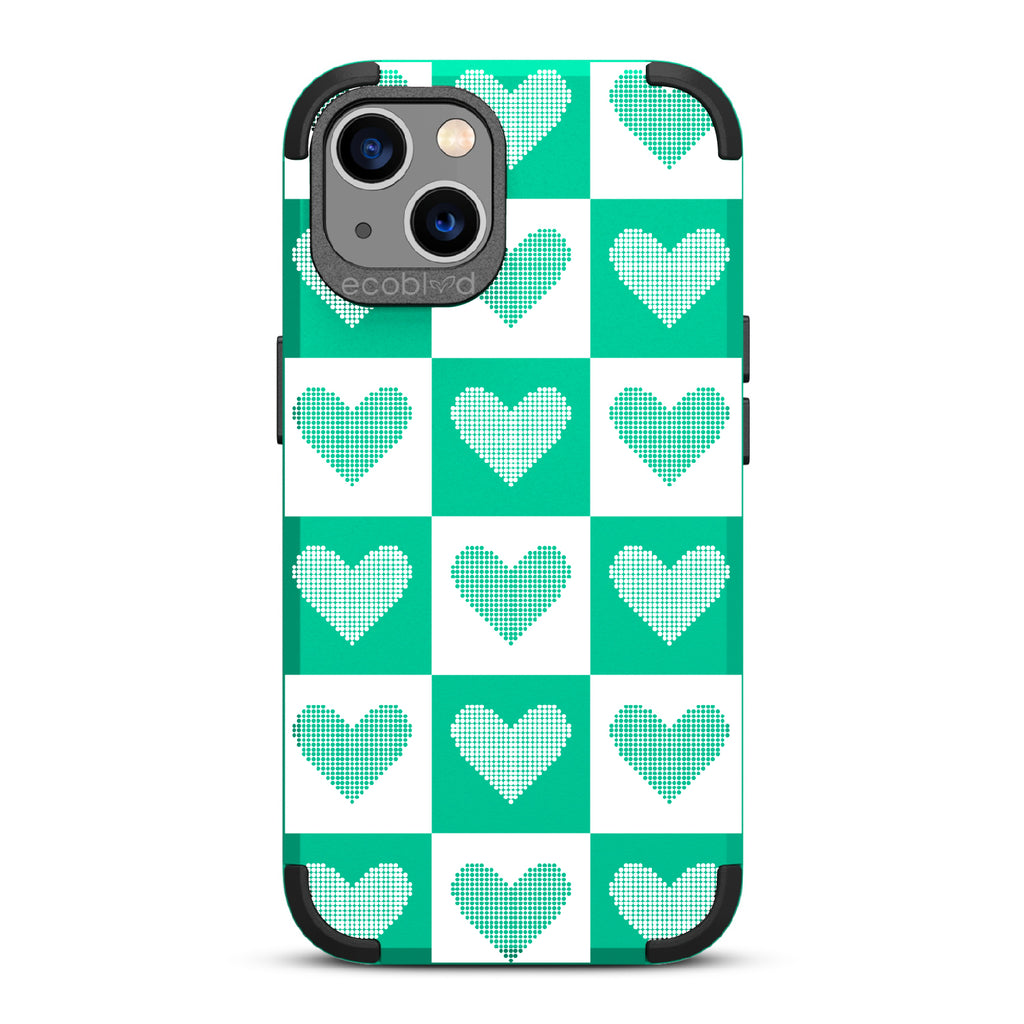  Quilty Pleasures - Green Rugged Eco-Friendly iPhone 13 Case With White Checkered Print With Knitted Hearts On Back