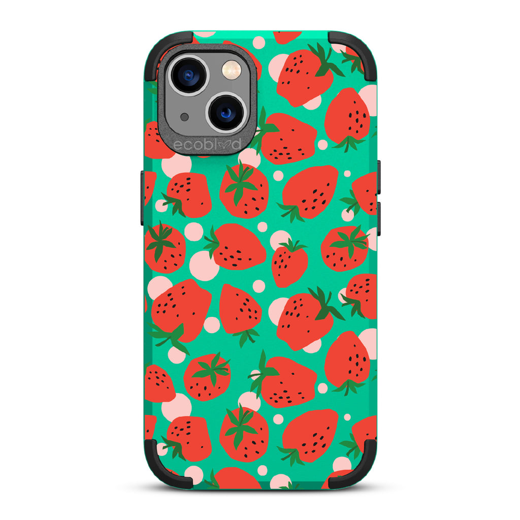 Strawberry Fields - Green Rugged Eco-Friendly iPhone 13 Case With Strawberries On Back