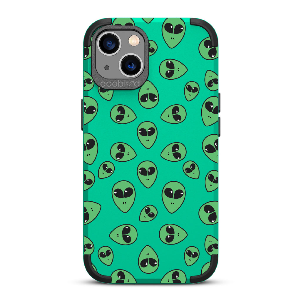 Aliens - Green Rugged Eco-Friendly iPhone 13 Case With Green Cartoon Alien Heads On Back