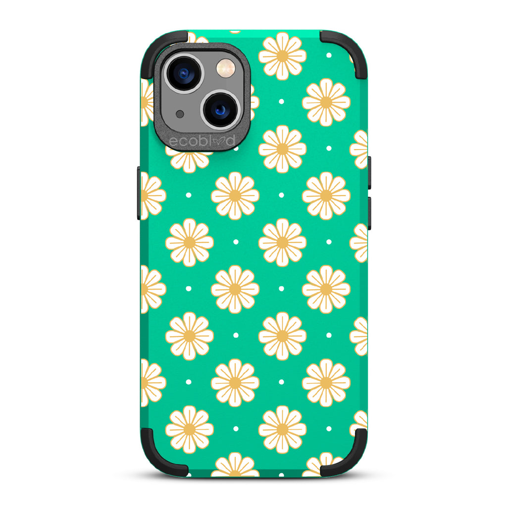 Daisy - Green Rugged Eco-Friendly iPhone 13 Case With A White Floral Pattern Of Daisies & Dots On Back
