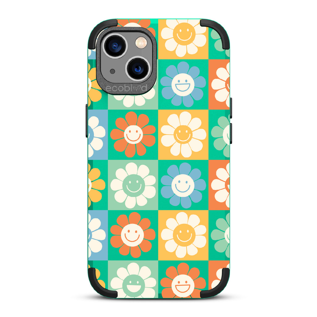 Flower Power - Green Rugged Eco-Friendly iPhone 13 Case With70's Gingham Cartoon Flowers W/ Smiley Faces On Back