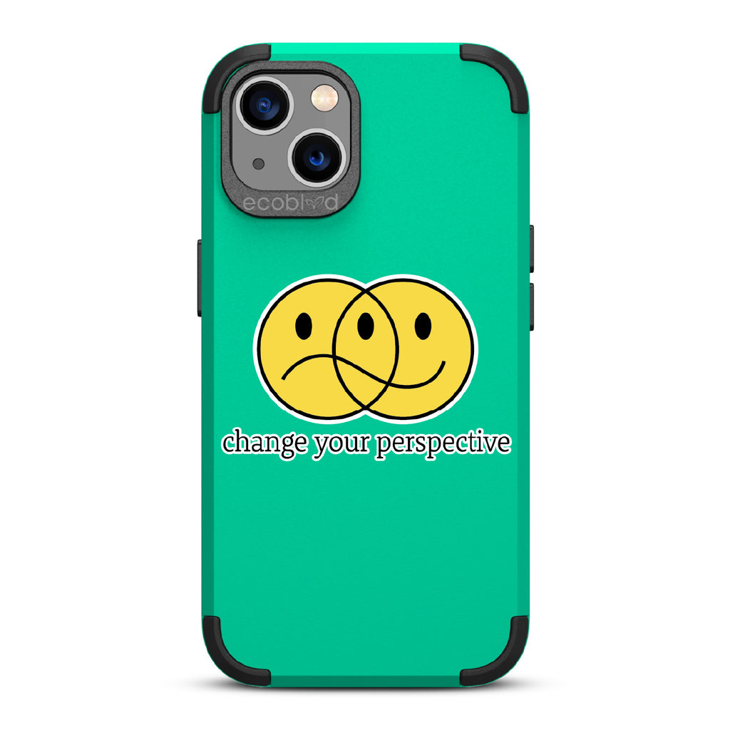 Perspective - Green Rugged Eco-Friendly iPhone 13 Case With A Happy/Sad Face & Change Your Perspective On Back
