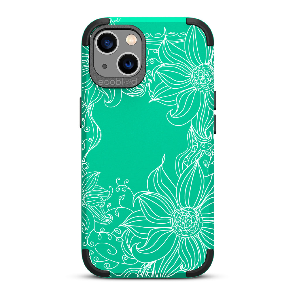 Flower Stencil - Green Rugged Eco-Friendly iPhone 13 Case With A Sunflower Stencil Line Art Design  On Back