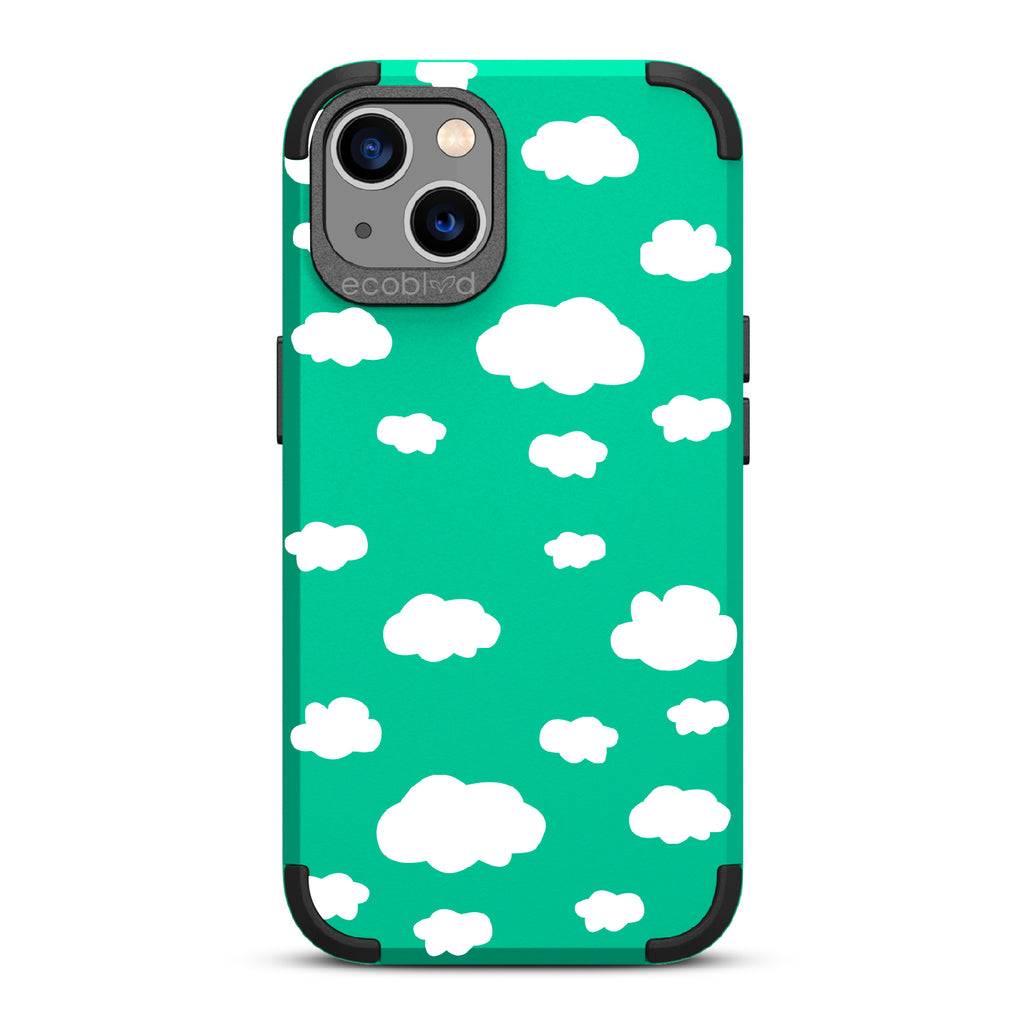 Clouds - Green Rugged Eco-Friendly iPhone 13 Case With A Fluffy White Cartoon Clouds Print On Back