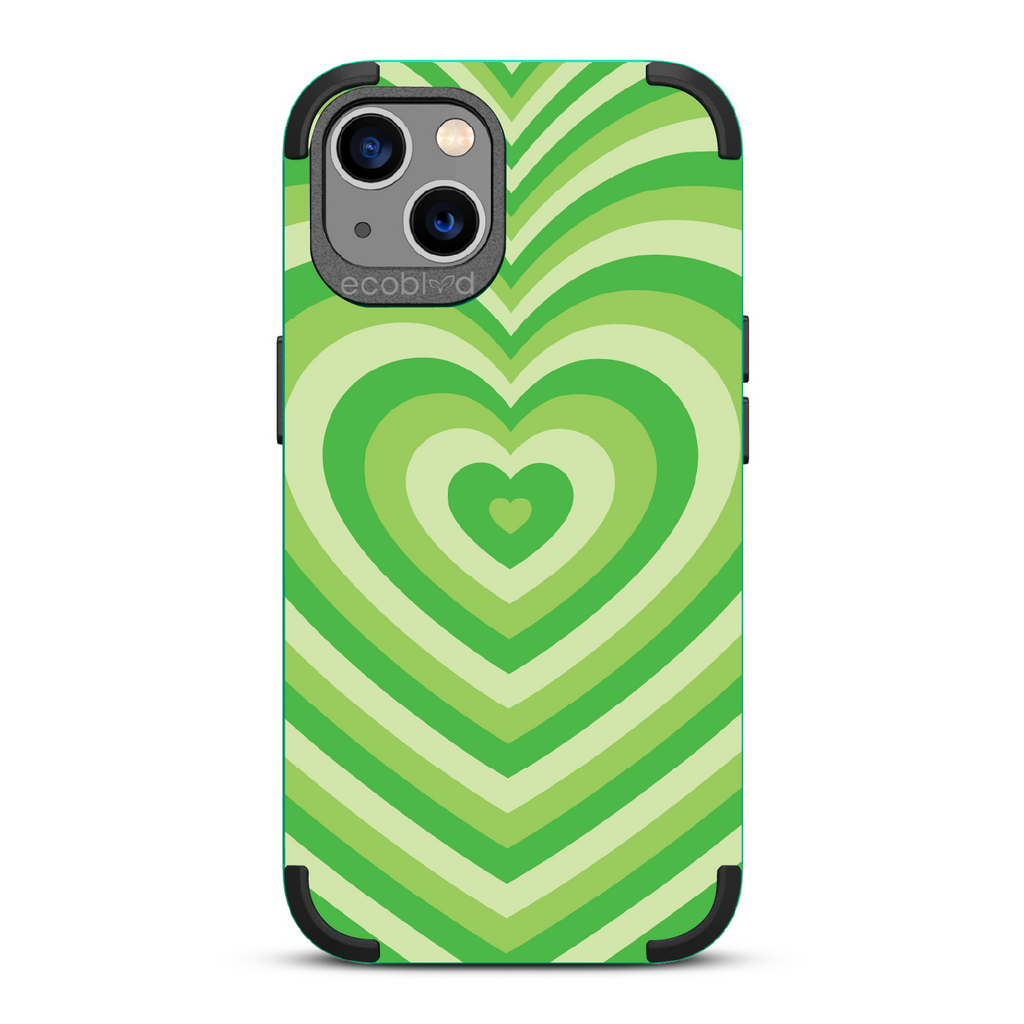 Tunnel Of Love - Green Rugged Eco-Friendly iPhone 13 Case With A Small Heart Gradually Growing Larger On Back