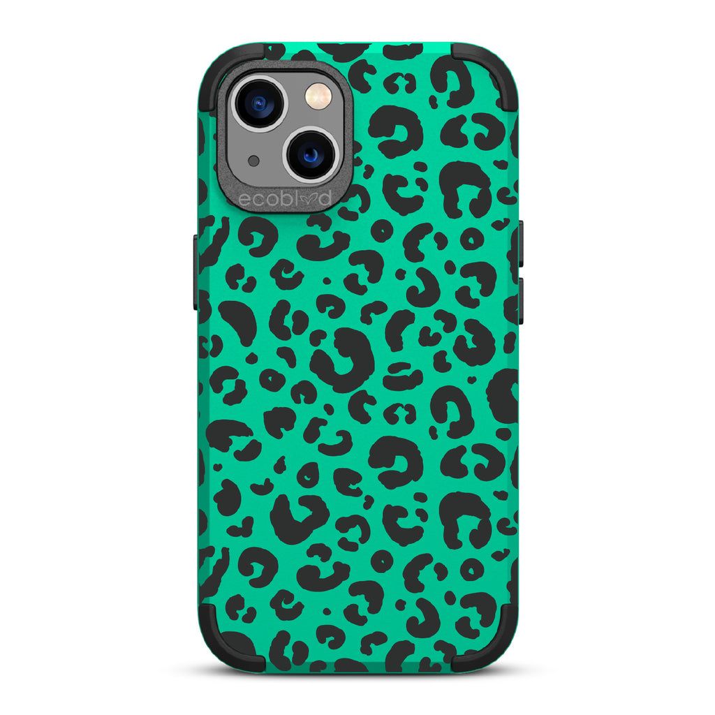 Spot On - Green Rugged Eco-Friendly iPhone 13 Case With Leopard Print On Back